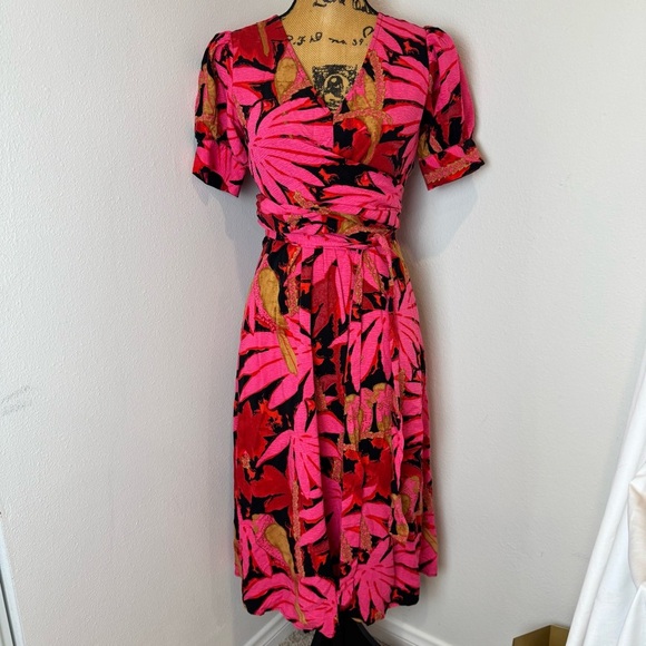 J. Crew Faux-wrap midi dress in palm print small pink vacation flowy sustainable - Picture 2 of 7